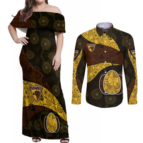 Personalized Hawks Football Couples Matching Off Shoulder Maxi Dress and Long Sleeve Button Shirt Easter Egg Pattern Brown Gold Tribal Dot Art Style