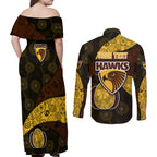 Personalized Hawks Football Couples Matching Off Shoulder Maxi Dress and Long Sleeve Button Shirt Easter Egg Pattern Brown Gold Tribal Dot Art Style