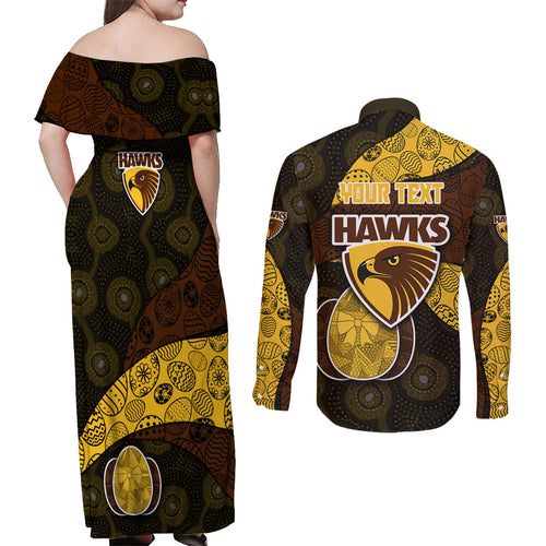 Personalized Hawks Football Couples Matching Off Shoulder Maxi Dress and Long Sleeve Button Shirt Easter Egg Pattern Brown Gold Tribal Dot Art Style