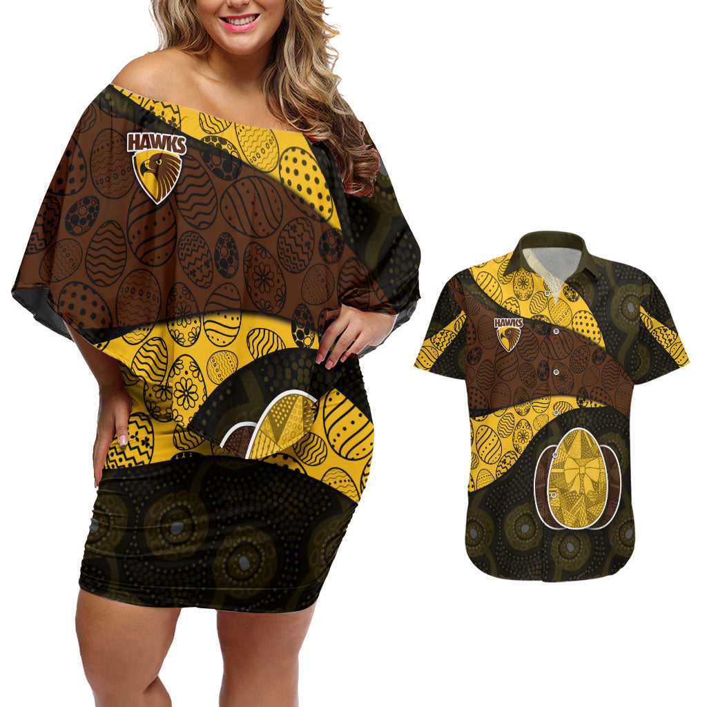 Personalized Hawks Football Couples Matching Off Shoulder Short Dress and Hawaiian Shirt Easter Egg Pattern Brown Gold Tribal Dot Art Style