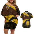 Personalized Hawks Football Couples Matching Off Shoulder Short Dress and Hawaiian Shirt Easter Egg Pattern Brown Gold Tribal Dot Art Style