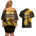 Personalized Hawks Football Couples Matching Off Shoulder Short Dress and Hawaiian Shirt Easter Egg Pattern Brown Gold Tribal Dot Art Style