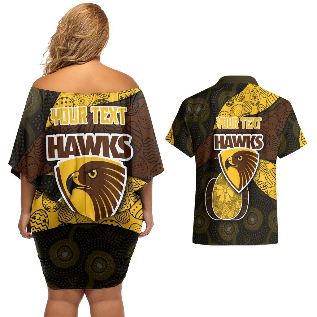 Personalized Hawks Football Couples Matching Off Shoulder Short Dress and Hawaiian Shirt Easter Egg Pattern Brown Gold Tribal Dot Art Style