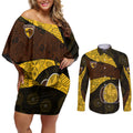 Personalized Hawks Football Couples Matching Off Shoulder Short Dress and Long Sleeve Button Shirt Easter Egg Pattern Brown Gold Tribal Dot Art Style