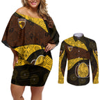 Personalized Hawks Football Couples Matching Off Shoulder Short Dress and Long Sleeve Button Shirt Easter Egg Pattern Brown Gold Tribal Dot Art Style