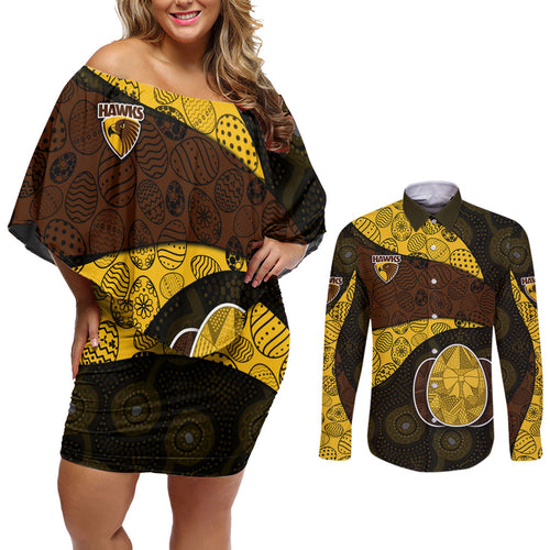 Personalized Hawks Football Couples Matching Off Shoulder Short Dress and Long Sleeve Button Shirt Easter Egg Pattern Brown Gold Tribal Dot Art Style