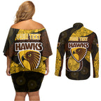 Personalized Hawks Football Couples Matching Off Shoulder Short Dress and Long Sleeve Button Shirt Easter Egg Pattern Brown Gold Tribal Dot Art Style