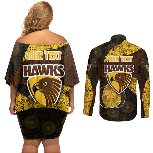 Personalized Hawks Football Couples Matching Off Shoulder Short Dress and Long Sleeve Button Shirt Easter Egg Pattern Brown Gold Tribal Dot Art Style