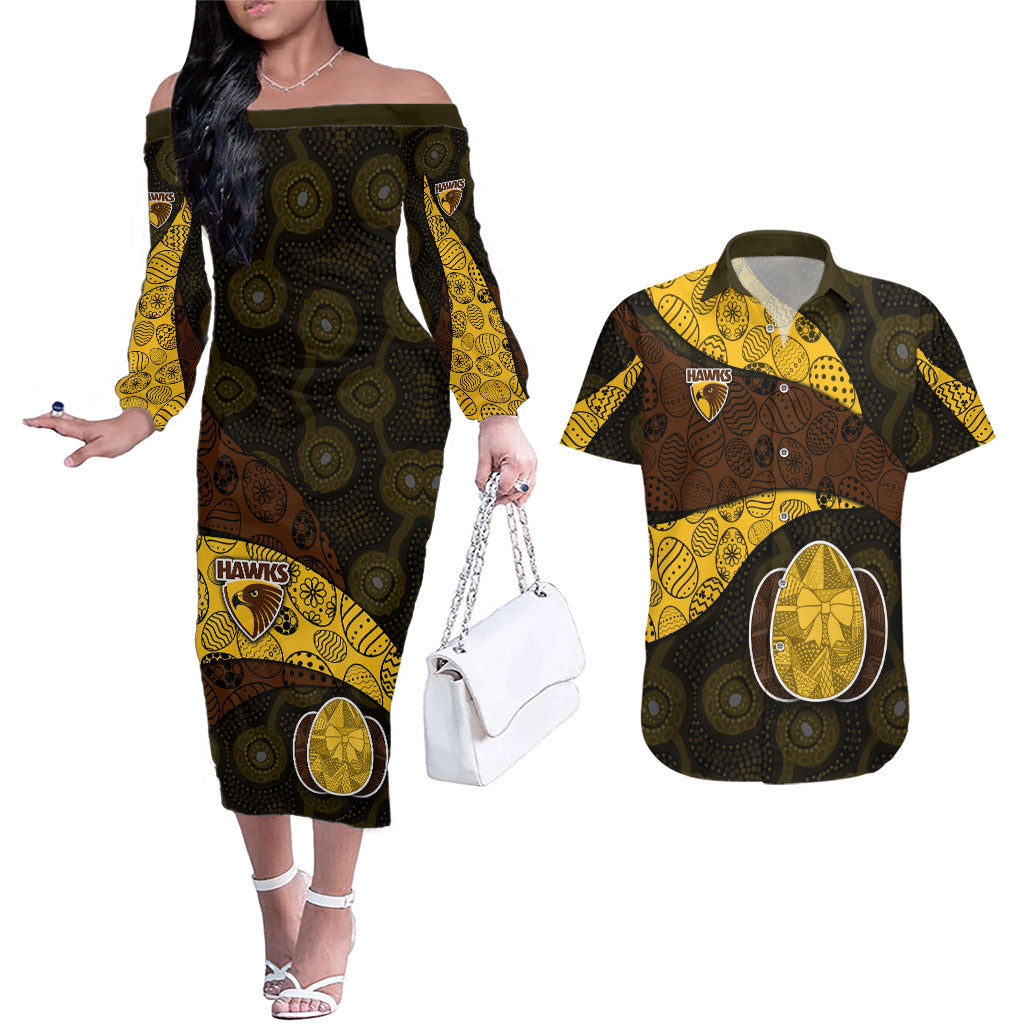 Personalized Hawks Football Couples Matching Off The Shoulder Long Sleeve Dress and Hawaiian Shirt Easter Egg Pattern Brown Gold Tribal Dot Art Style