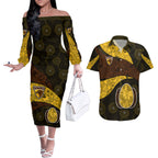Personalized Hawks Football Couples Matching Off The Shoulder Long Sleeve Dress and Hawaiian Shirt Easter Egg Pattern Brown Gold Tribal Dot Art Style