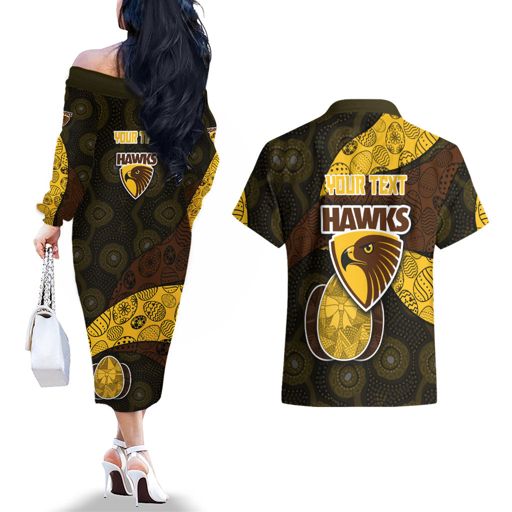 Personalized Hawks Football Couples Matching Off The Shoulder Long Sleeve Dress and Hawaiian Shirt Easter Egg Pattern Brown Gold Tribal Dot Art Style