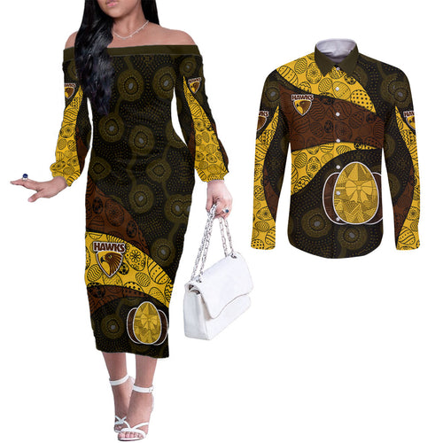 Personalized Hawks Football Couples Matching Off The Shoulder Long Sleeve Dress and Long Sleeve Button Shirt Easter Egg Pattern Brown Gold Tribal Dot Art Style