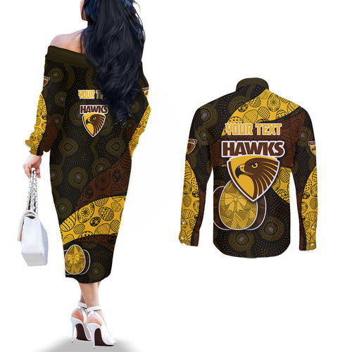 Personalized Hawks Football Couples Matching Off The Shoulder Long Sleeve Dress and Long Sleeve Button Shirt Easter Egg Pattern Brown Gold Tribal Dot Art Style
