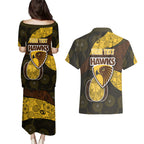 Personalized Hawks Football Couples Matching Puletasi and Hawaiian Shirt Easter Egg Pattern Brown Gold Tribal Dot Art Style
