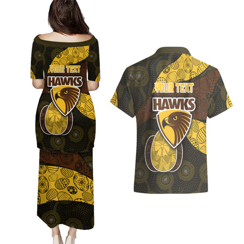 Personalized Hawks Football Couples Matching Puletasi and Hawaiian Shirt Easter Egg Pattern Brown Gold Tribal Dot Art Style