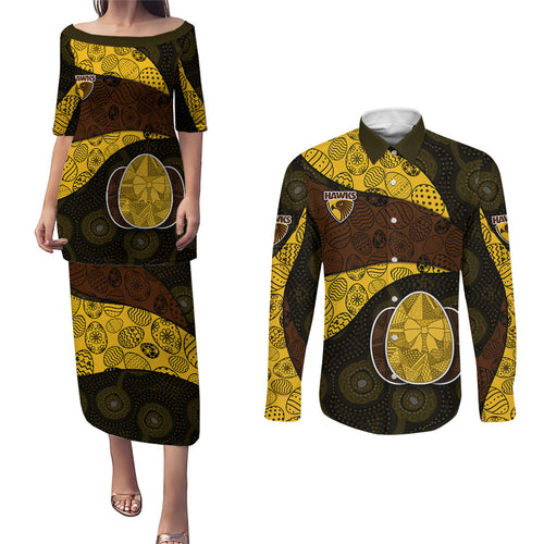Personalized Hawks Football Couples Matching Puletasi and Long Sleeve Button Shirt Easter Egg Pattern Brown Gold Tribal Dot Art Style