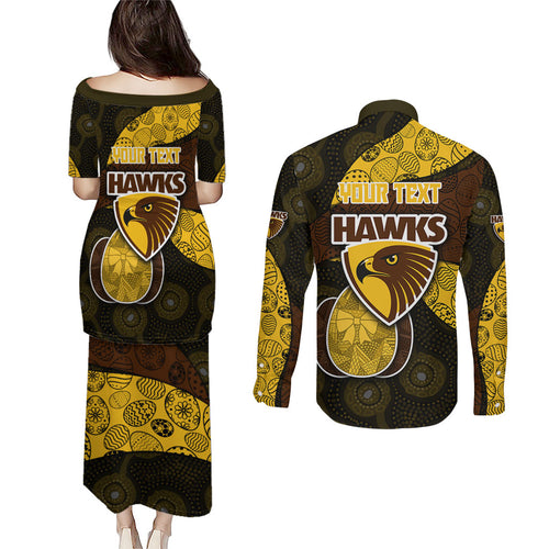 Personalized Hawks Football Couples Matching Puletasi and Long Sleeve Button Shirt Easter Egg Pattern Brown Gold Tribal Dot Art Style