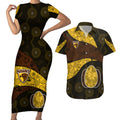 Personalized Hawks Football Couples Matching Short Sleeve Bodycon Dress and Hawaiian Shirt Easter Egg Pattern Brown Gold Tribal Dot Art Style