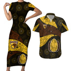Personalized Hawks Football Couples Matching Short Sleeve Bodycon Dress and Hawaiian Shirt Easter Egg Pattern Brown Gold Tribal Dot Art Style