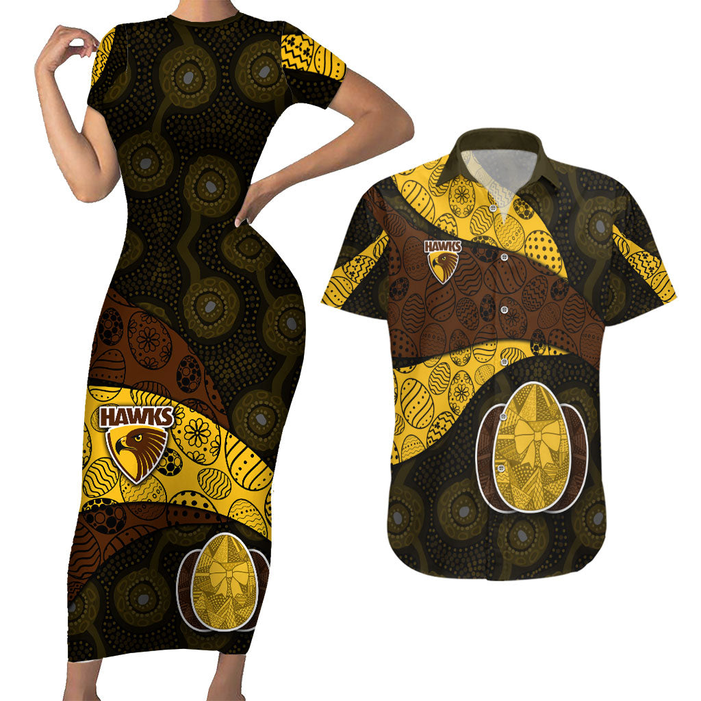 Personalized Hawks Football Couples Matching Short Sleeve Bodycon Dress and Hawaiian Shirt Easter Egg Pattern Brown Gold Tribal Dot Art Style