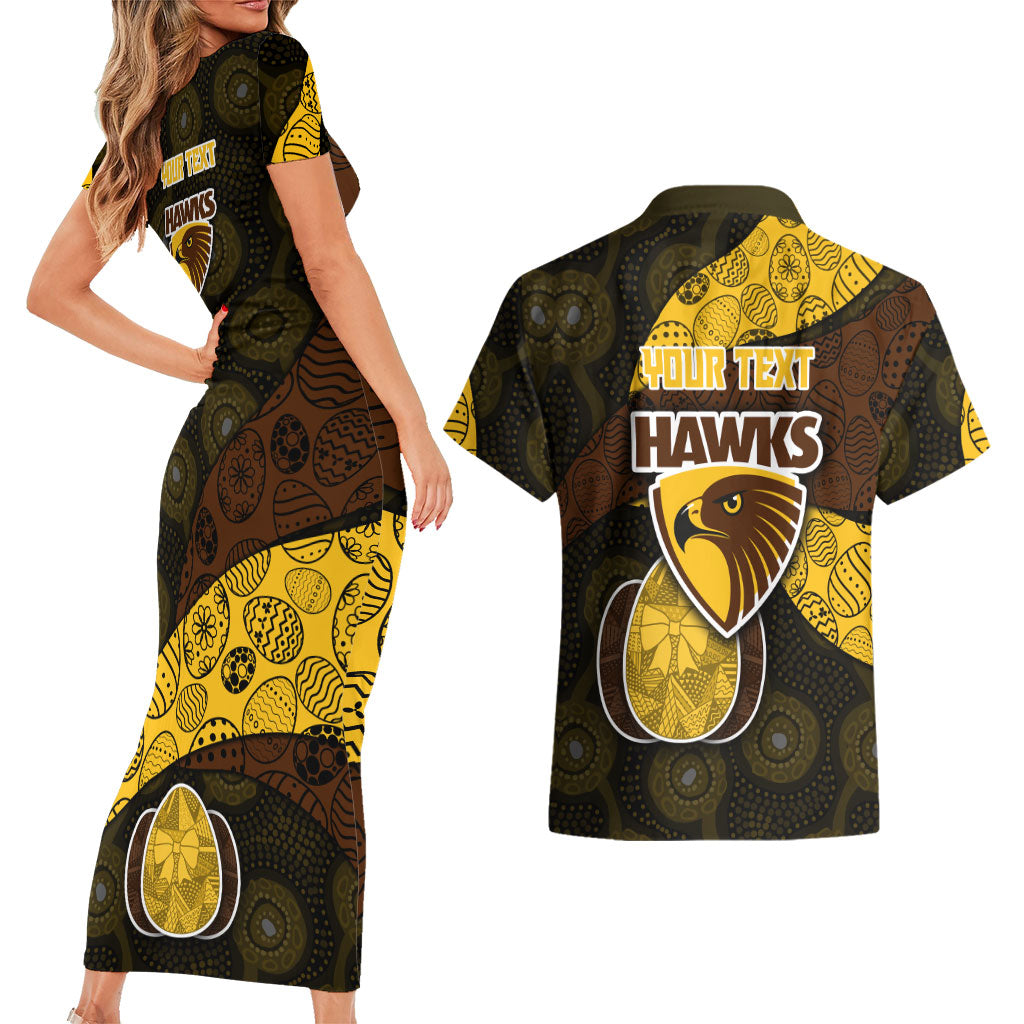 Personalized Hawks Football Couples Matching Short Sleeve Bodycon Dress and Hawaiian Shirt Easter Egg Pattern Brown Gold Tribal Dot Art Style