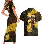 Personalized Hawks Football Couples Matching Short Sleeve Bodycon Dress and Hawaiian Shirt Easter Egg Pattern Brown Gold Tribal Dot Art Style
