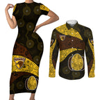 Personalized Hawks Football Couples Matching Short Sleeve Bodycon Dress and Long Sleeve Button Shirt Easter Egg Pattern Brown Gold Tribal Dot Art Style