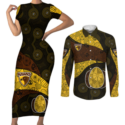 Personalized Hawks Football Couples Matching Short Sleeve Bodycon Dress and Long Sleeve Button Shirt Easter Egg Pattern Brown Gold Tribal Dot Art Style
