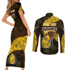Personalized Hawks Football Couples Matching Short Sleeve Bodycon Dress and Long Sleeve Button Shirt Easter Egg Pattern Brown Gold Tribal Dot Art Style