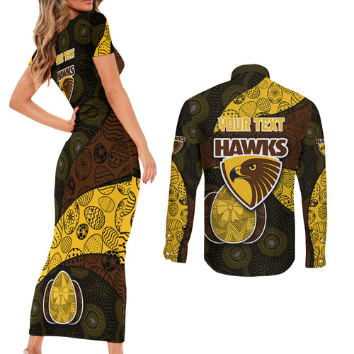 Personalized Hawks Football Couples Matching Short Sleeve Bodycon Dress and Long Sleeve Button Shirt Easter Egg Pattern Brown Gold Tribal Dot Art Style