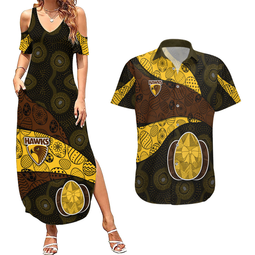 Personalized Hawks Football Couples Matching Summer Maxi Dress and Hawaiian Shirt Easter Egg Pattern Brown Gold Tribal Dot Art Style