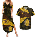 Personalized Hawks Football Couples Matching Summer Maxi Dress and Hawaiian Shirt Easter Egg Pattern Brown Gold Tribal Dot Art Style
