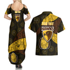 Personalized Hawks Football Couples Matching Summer Maxi Dress and Hawaiian Shirt Easter Egg Pattern Brown Gold Tribal Dot Art Style