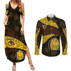 Personalized Hawks Football Couples Matching Summer Maxi Dress and Long Sleeve Button Shirt Easter Egg Pattern Brown Gold Tribal Dot Art Style