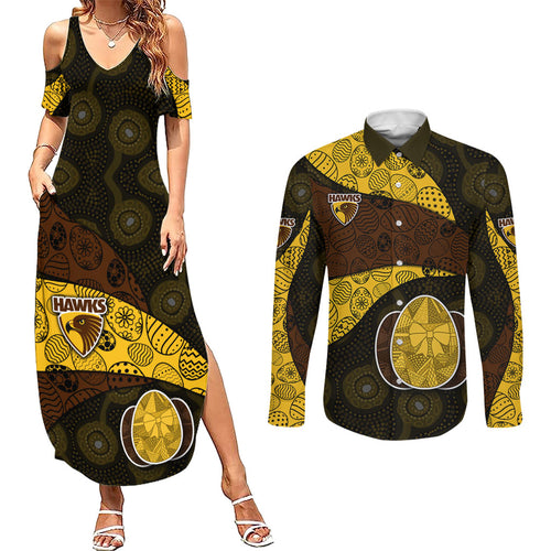 Personalized Hawks Football Couples Matching Summer Maxi Dress and Long Sleeve Button Shirt Easter Egg Pattern Brown Gold Tribal Dot Art Style