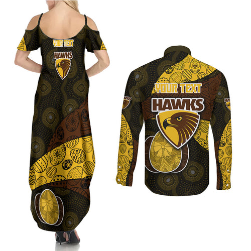 Personalized Hawks Football Couples Matching Summer Maxi Dress and Long Sleeve Button Shirt Easter Egg Pattern Brown Gold Tribal Dot Art Style