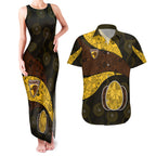 Personalized Hawks Football Couples Matching Tank Maxi Dress and Hawaiian Shirt Easter Egg Pattern Brown Gold Tribal Dot Art Style