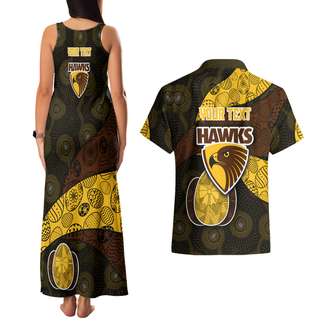 Personalized Hawks Football Couples Matching Tank Maxi Dress and Hawaiian Shirt Easter Egg Pattern Brown Gold Tribal Dot Art Style