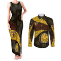 Personalized Hawks Football Couples Matching Tank Maxi Dress and Long Sleeve Button Shirt Easter Egg Pattern Brown Gold Tribal Dot Art Style