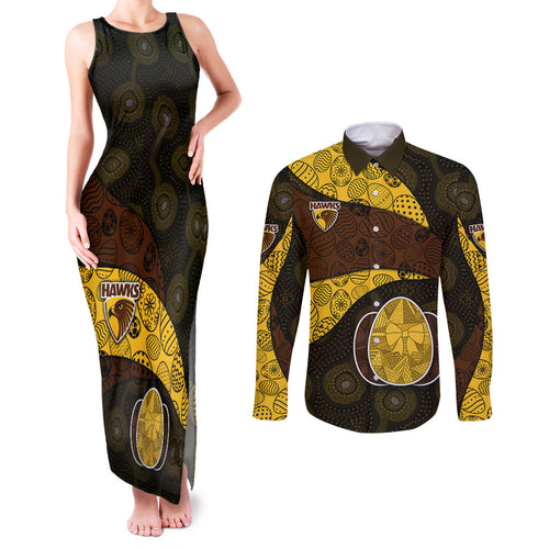 Personalized Hawks Football Couples Matching Tank Maxi Dress and Long Sleeve Button Shirt Easter Egg Pattern Brown Gold Tribal Dot Art Style