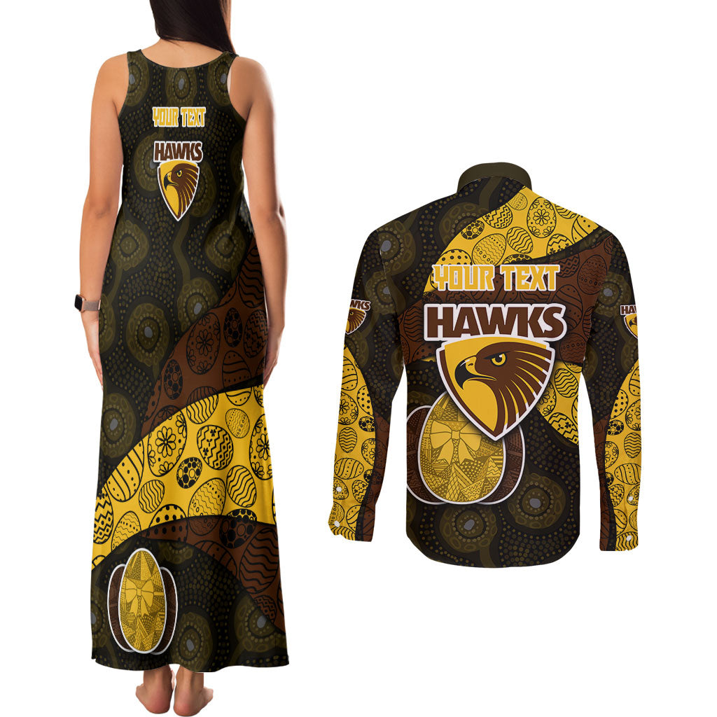Personalized Hawks Football Couples Matching Tank Maxi Dress and Long Sleeve Button Shirt Easter Egg Pattern Brown Gold Tribal Dot Art Style