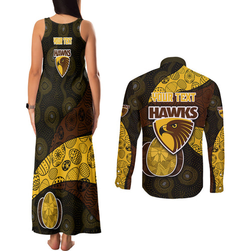 Personalized Hawks Football Couples Matching Tank Maxi Dress and Long Sleeve Button Shirt Easter Egg Pattern Brown Gold Tribal Dot Art Style