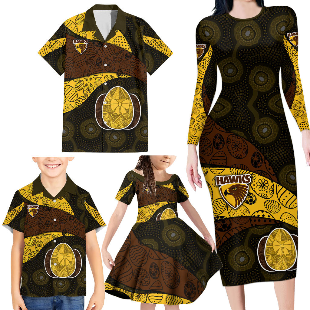 Personalized Hawks Football Family Matching Long Sleeve Bodycon Dress and Hawaiian Shirt Easter Egg Pattern Brown Gold Tribal Dot Art Style