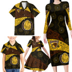 Personalized Hawks Football Family Matching Long Sleeve Bodycon Dress and Hawaiian Shirt Easter Egg Pattern Brown Gold Tribal Dot Art Style