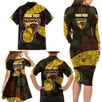 Personalized Hawks Football Family Matching Long Sleeve Bodycon Dress and Hawaiian Shirt Easter Egg Pattern Brown Gold Tribal Dot Art Style
