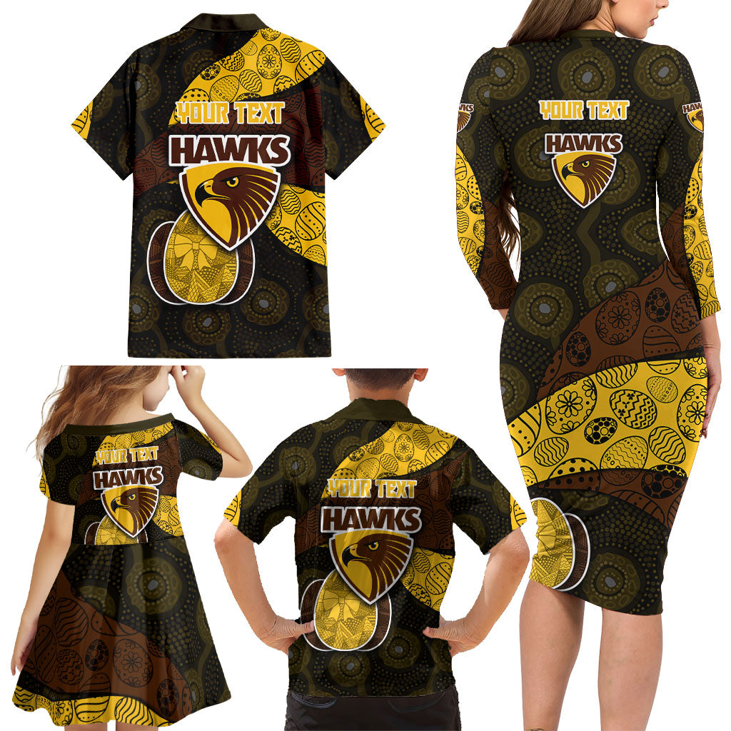 Personalized Hawks Football Family Matching Long Sleeve Bodycon Dress and Hawaiian Shirt Easter Egg Pattern Brown Gold Tribal Dot Art Style