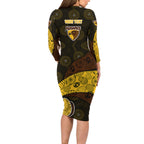 Personalized Hawks Football Family Matching Long Sleeve Bodycon Dress and Hawaiian Shirt Easter Egg Pattern Brown Gold Tribal Dot Art Style