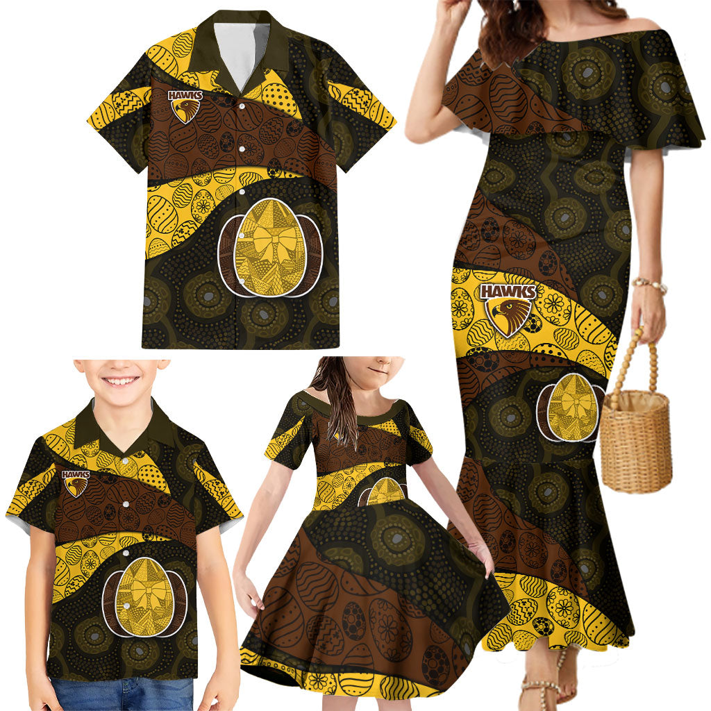 Personalized Hawks Football Family Matching Mermaid Dress and Hawaiian Shirt Easter Egg Pattern Brown Gold Tribal Dot Art Style