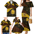 Personalized Hawks Football Family Matching Mermaid Dress and Hawaiian Shirt Easter Egg Pattern Brown Gold Tribal Dot Art Style