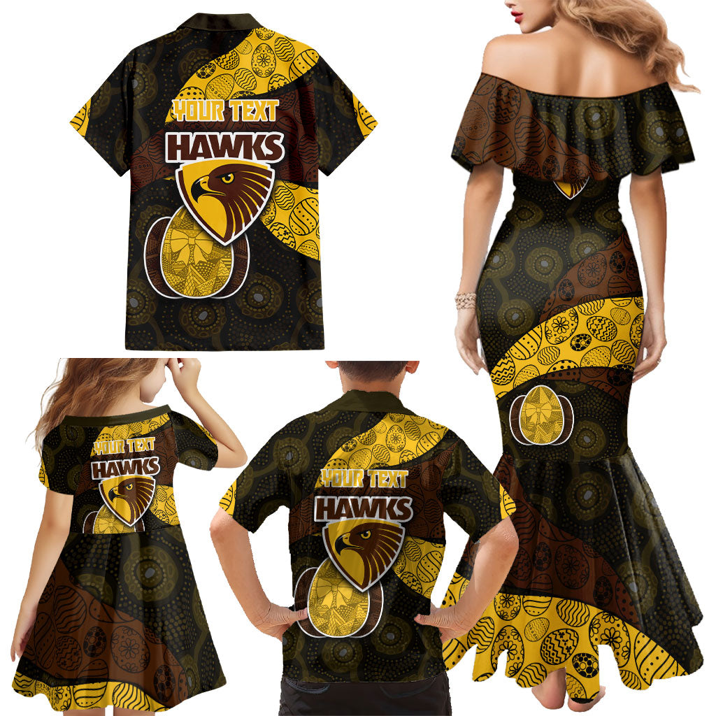 Personalized Hawks Football Family Matching Mermaid Dress and Hawaiian Shirt Easter Egg Pattern Brown Gold Tribal Dot Art Style